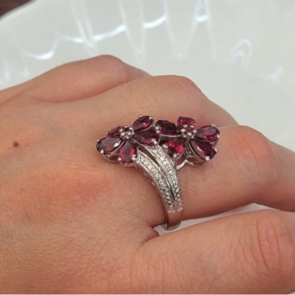 Vintage Boho Evening Sterling Silver Red Crystal Flower Cocktail Ring 7 - Picture 4 of 11